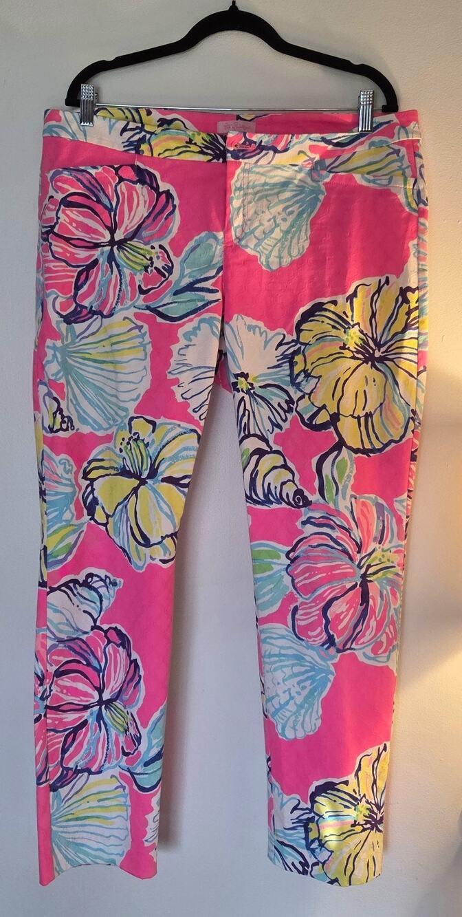 Lilly Pulitzer Cotton Pink Blue Yellow Floral Print Pants Size 14